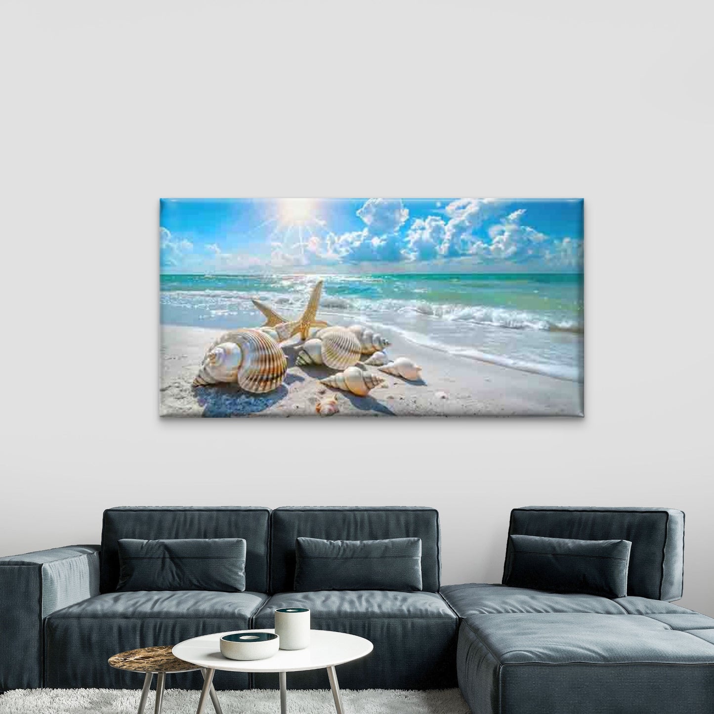 Seashells on Beach with Ocean Wall Art Canvas Office Home Room Framed 120x60cm - Bella Home Decor
