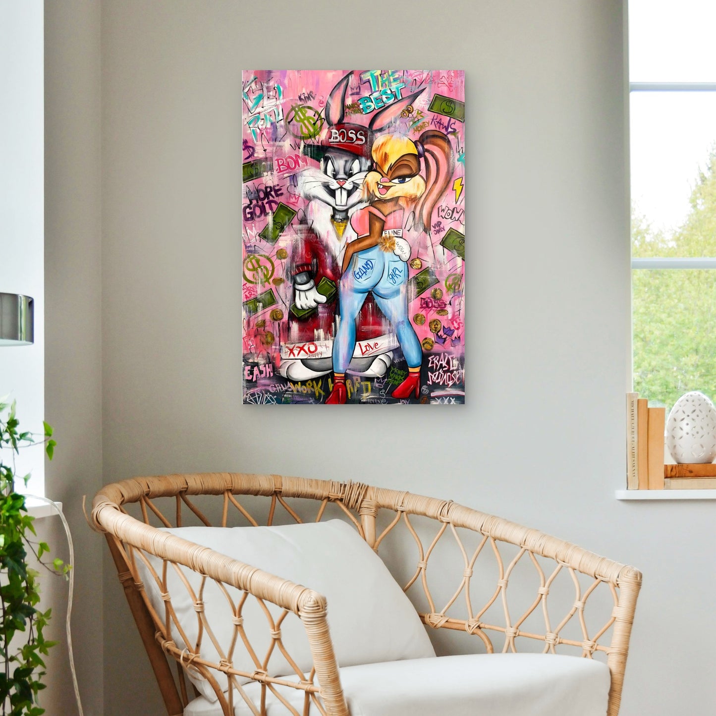 Cartoon Rabbits Couple Pink Graffiti 40x60cm Metal Print Ready to Hang