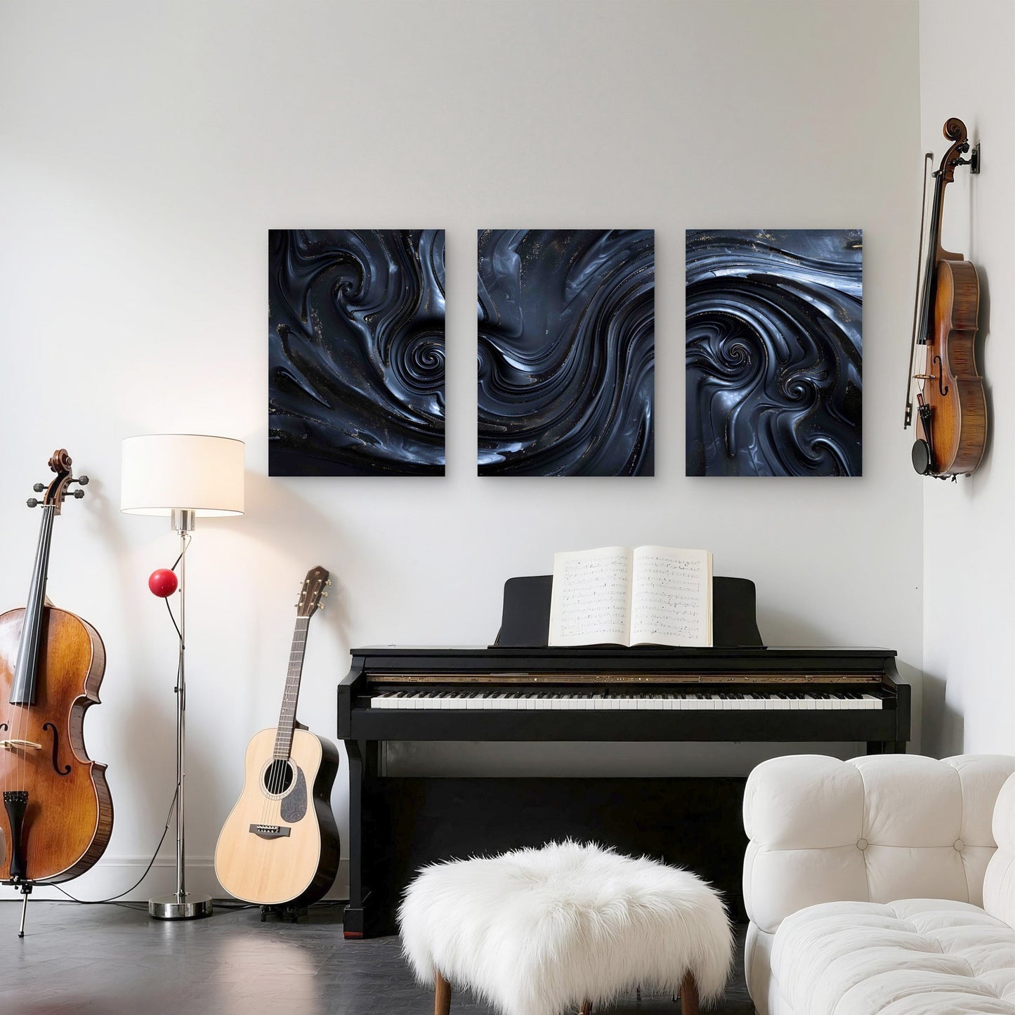 3pcs Abstract Swirling With Black Liquid Metal Print Ready to Hang Art