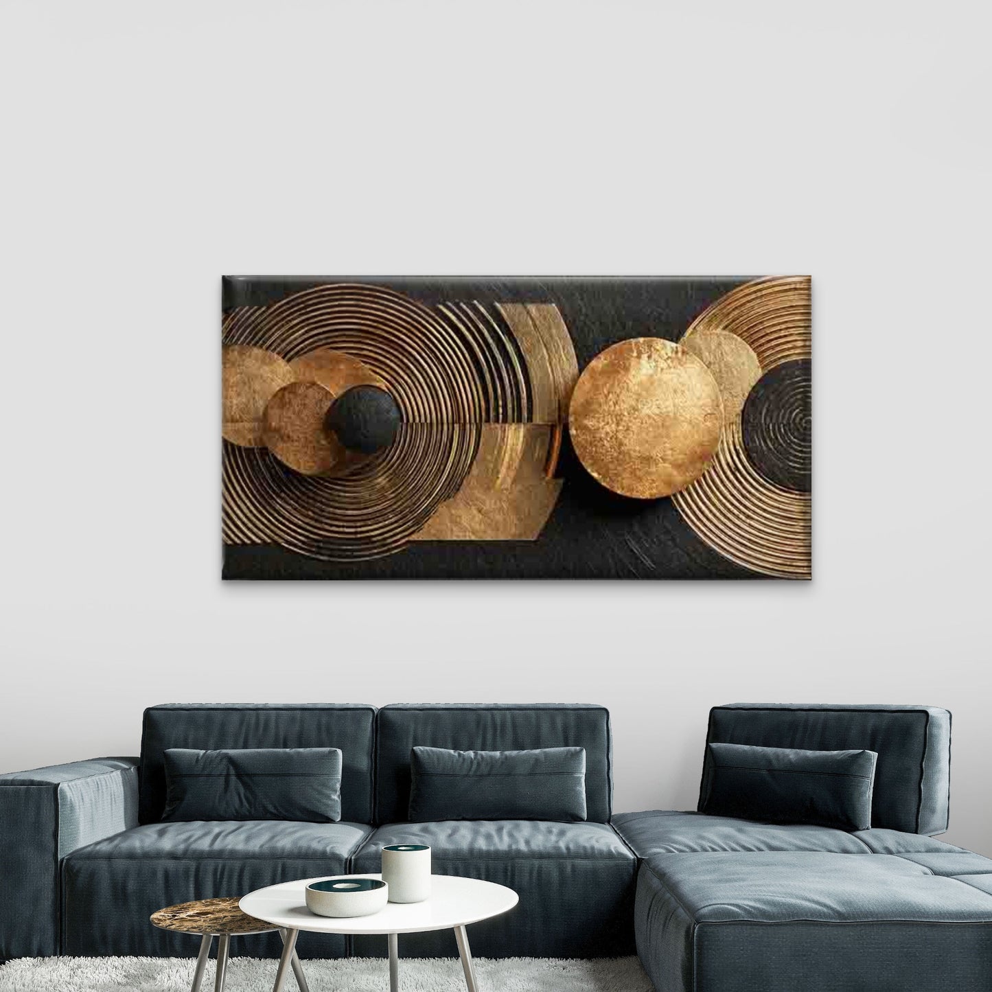 Golden Circles on a Black Wall Art Canvas Office Home Room Framed 120x60cm - Bella Home Decor