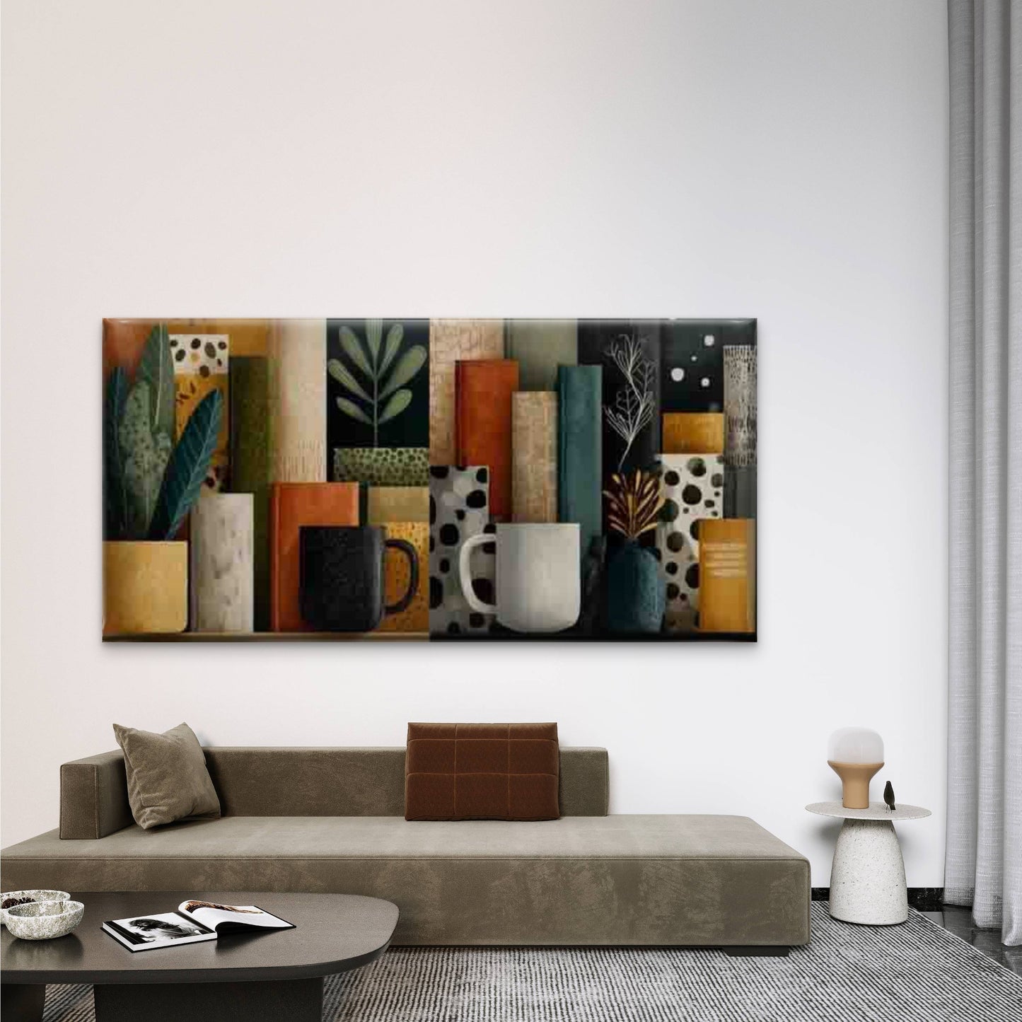 Bookshelf & Coffee Cup Abstract Wall Art Canvas Office Home Room Framed 120x60cm