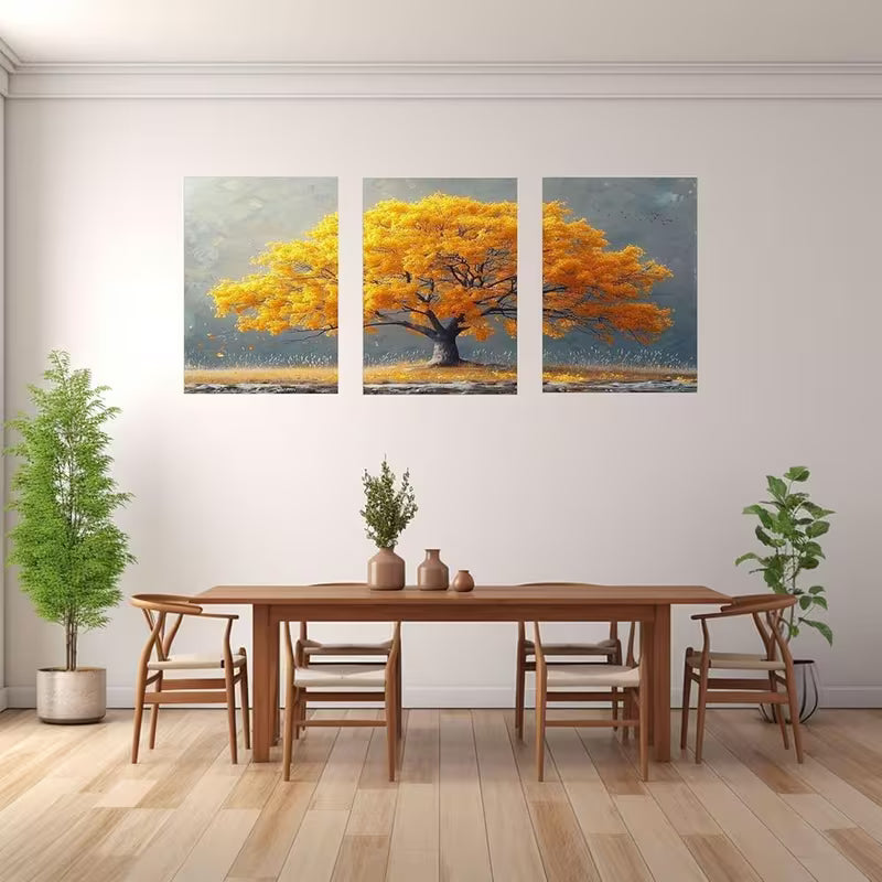 3pcs Modern Yellow Tree Meadow Painting Wall Art Set Canvas Framed 40x60cm - High Quality Print 100% Australian Made Wall Canvas Ready to Hang