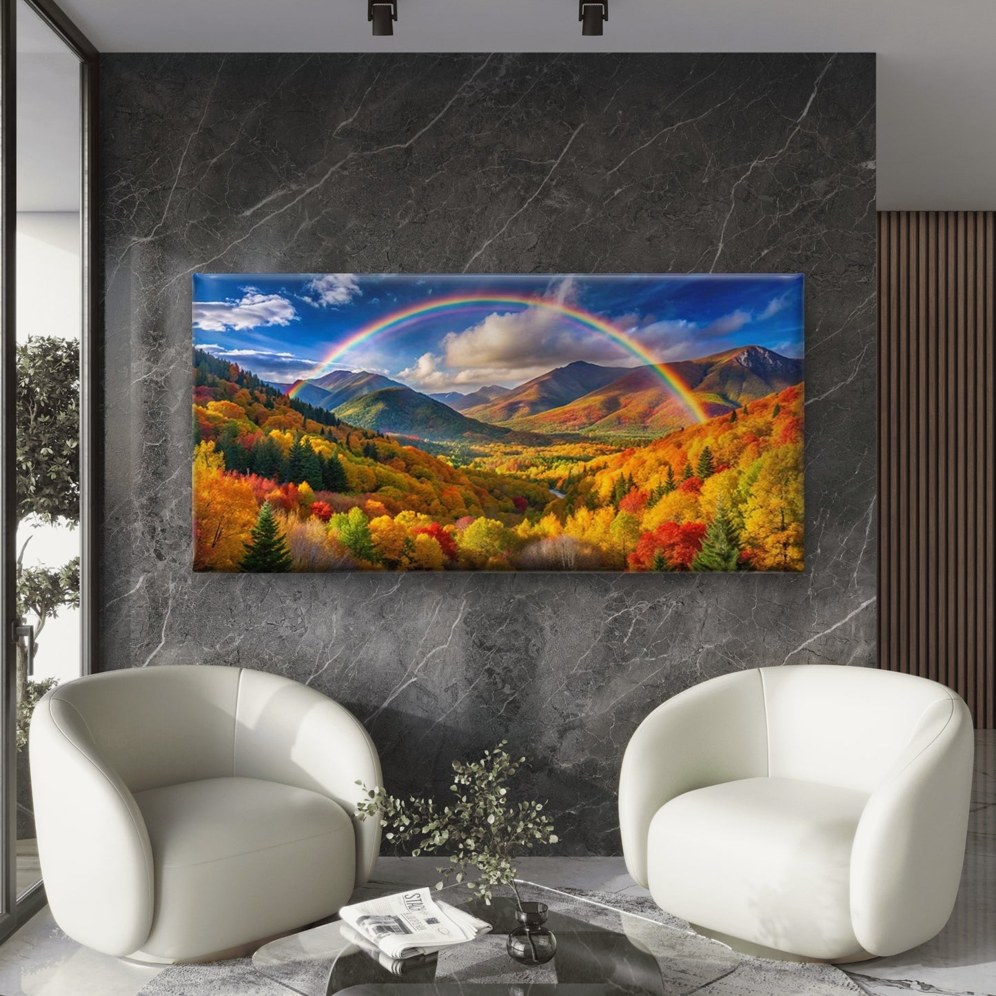 Autumn Rainbow Mountain Valley Wall Art Canvas Office Home Room Framed 120x60cm