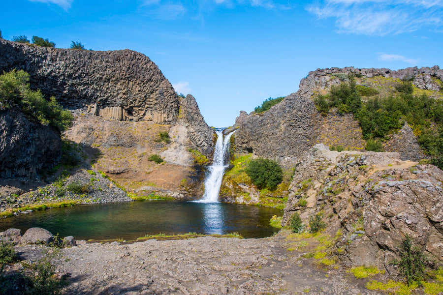 Gjarfoss Waterfall In Gjain On Summer Day Glass Framed Wall Art, Ready to Hang Quality Print