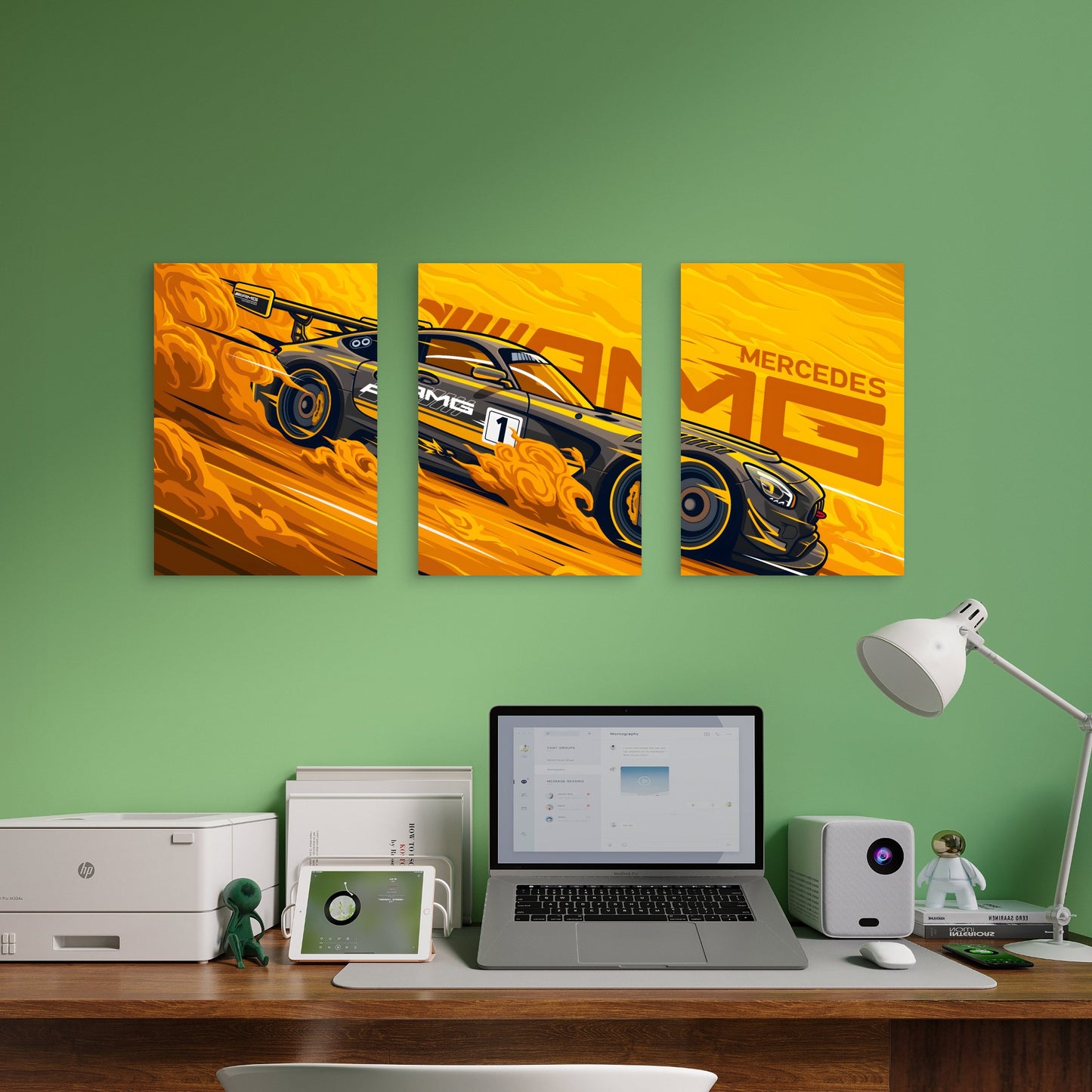 3pcs Vibrant Amber Asphalt Motorsport Graphic Metal Print Ready to Hang Art