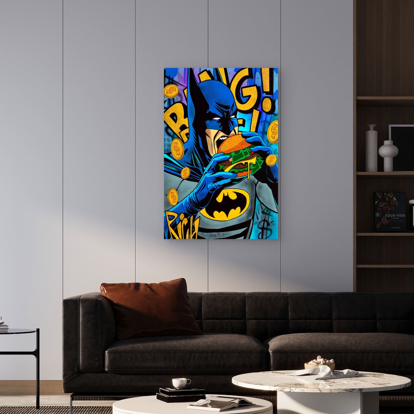 Money Motivation Comic Hero Eating Cash Burger 40x60cm Metal Print Ready to Hang