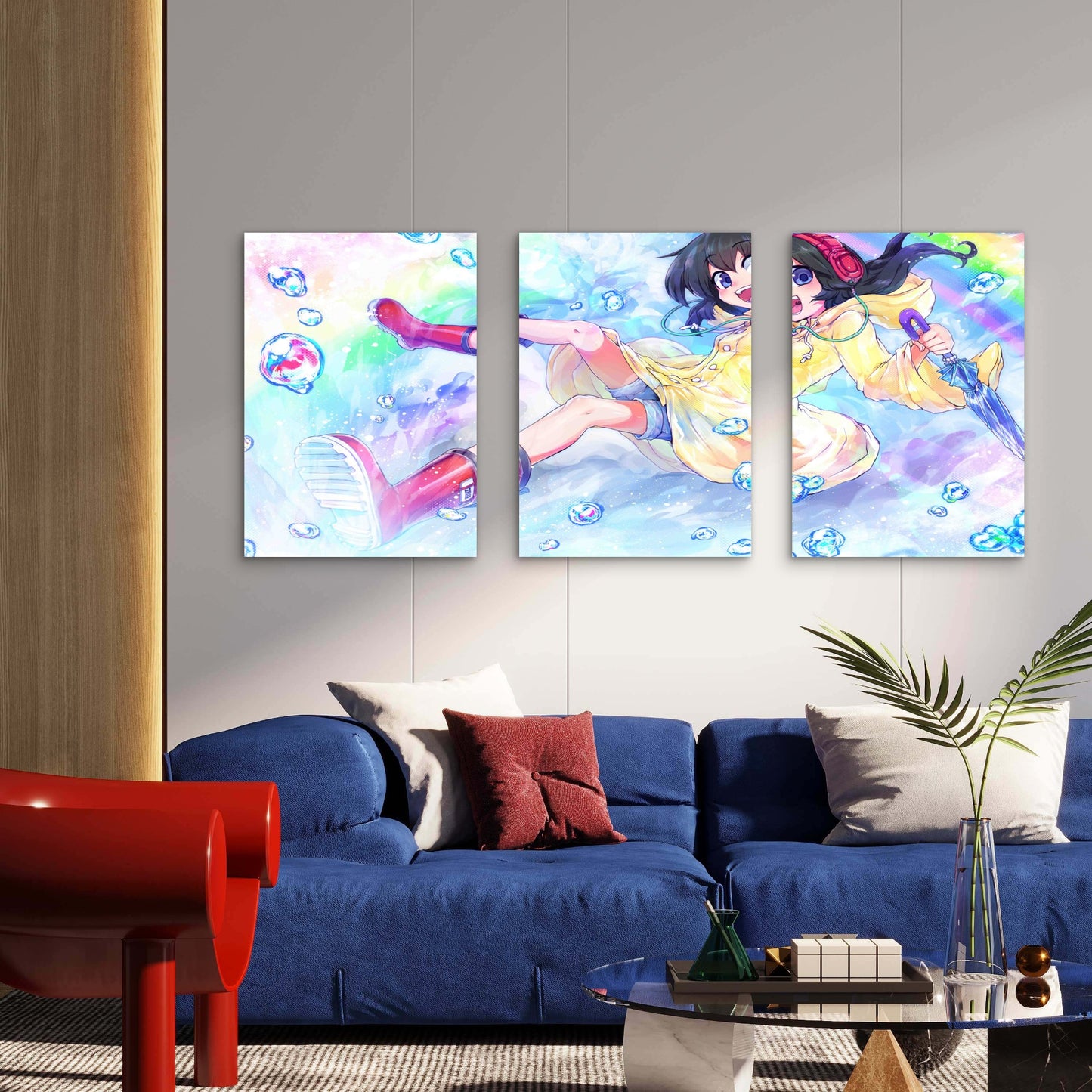 3pcs Anime Girl Raincoat Headphones Rainbow Bubble Metal Print Ready to Hang Art