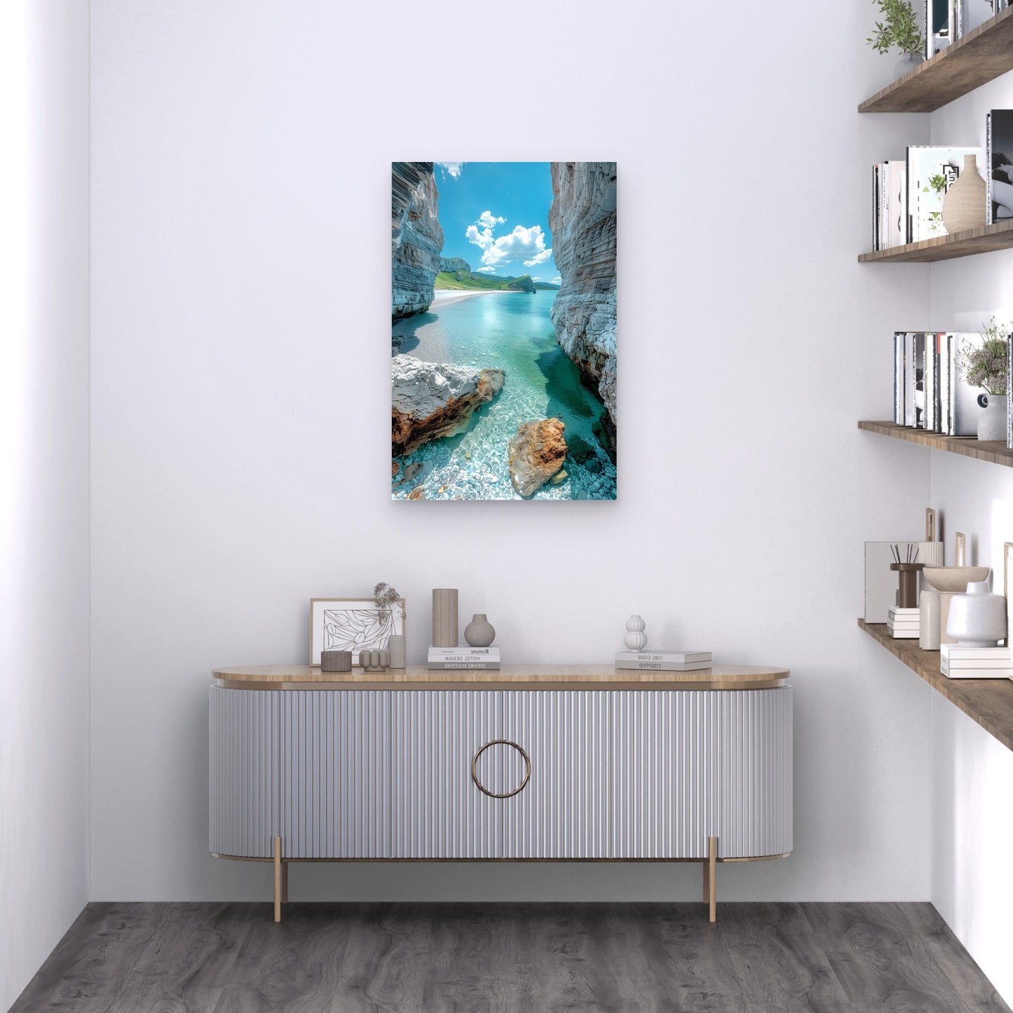 Mediterranean Secret Beach Cliff Cave Ocean 40x60cm Metal Print Ready to Hang