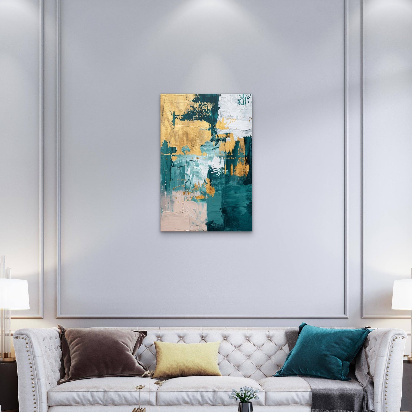 Teal Green Gold Abstract Paint Brush Stroke 40x60cm Metal Print Ready to Hang