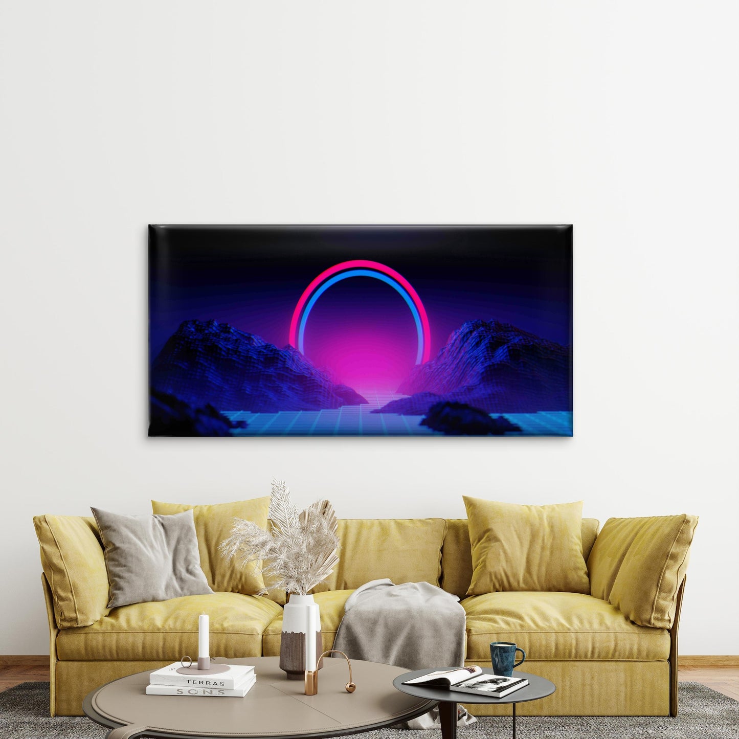 Neon Glow Over Digital Mountain Wall Art Canvas Office Home Room Framed 120x60cm - Bella Home Decor