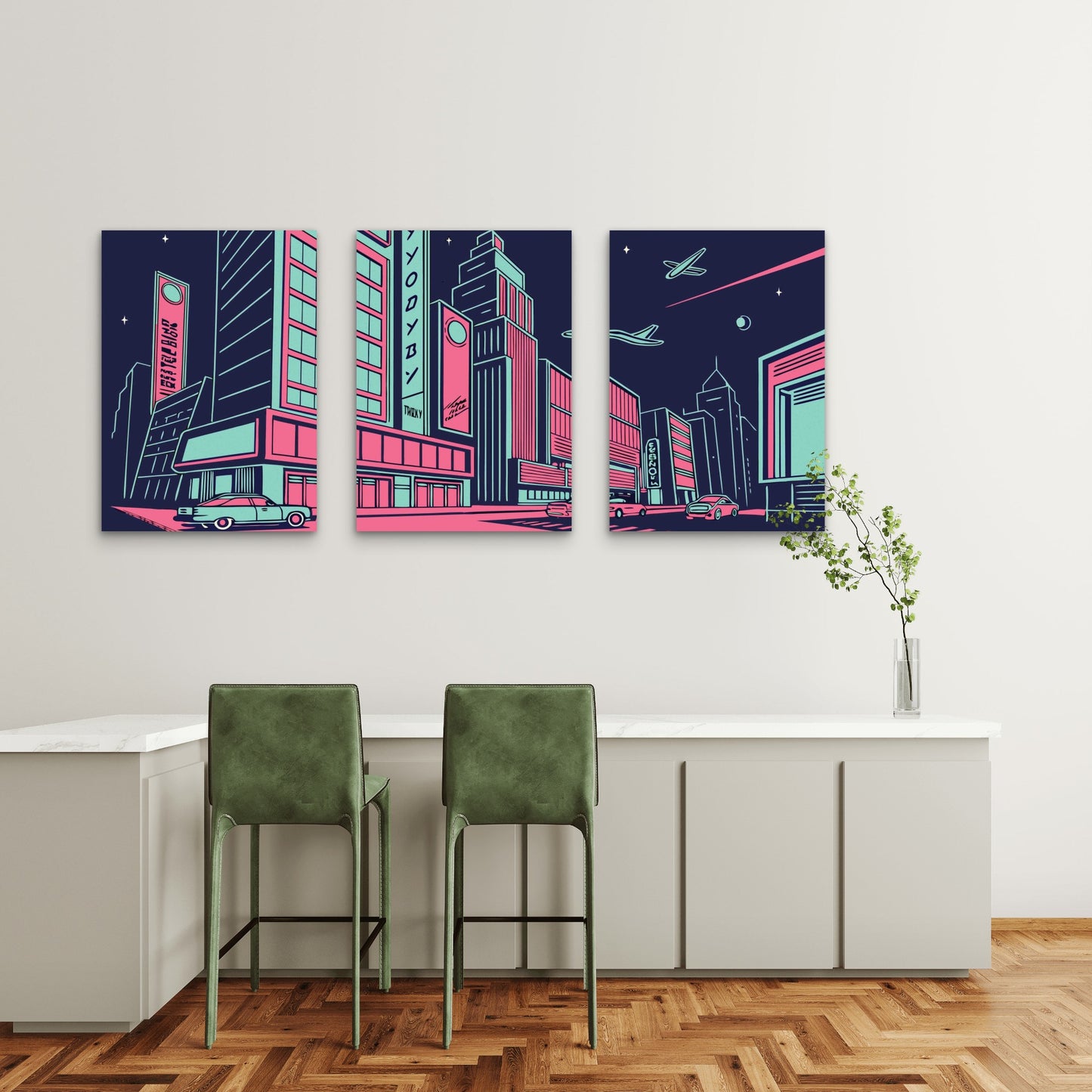 3pcs Neon Flight Over City Streets Metal Print Ready to Hang Art