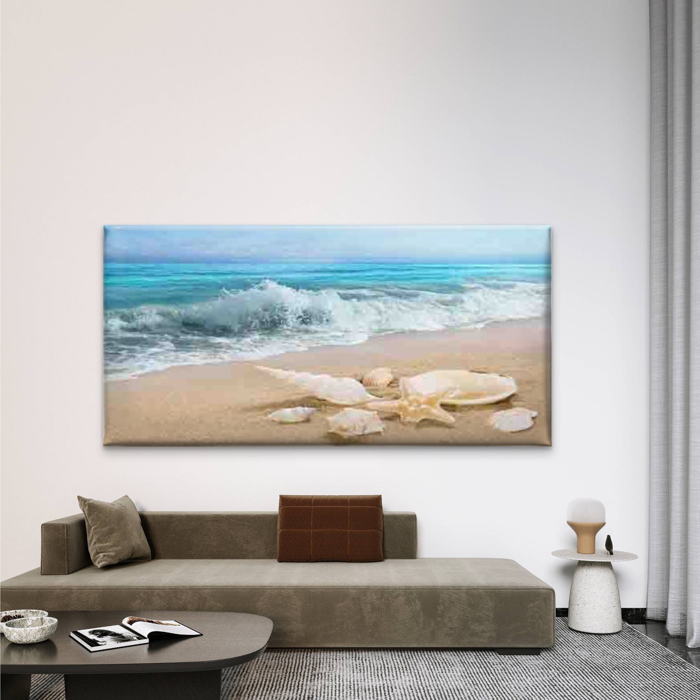 Seashells And Ocean Waves Wall Art Canvas Office Home Room Framed 120x60cm