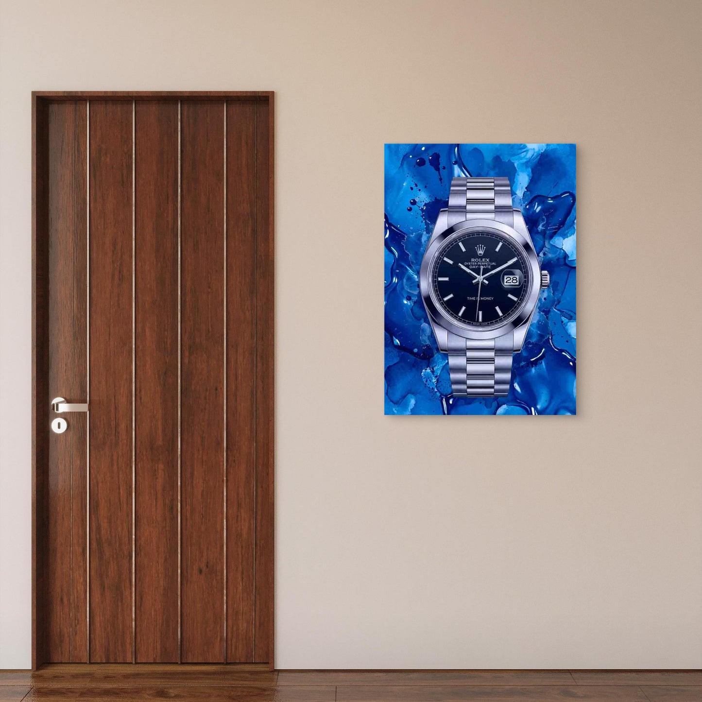 Blue Timepiece Silver Watch Splash 40x60cm Metal Print Ready to Hang