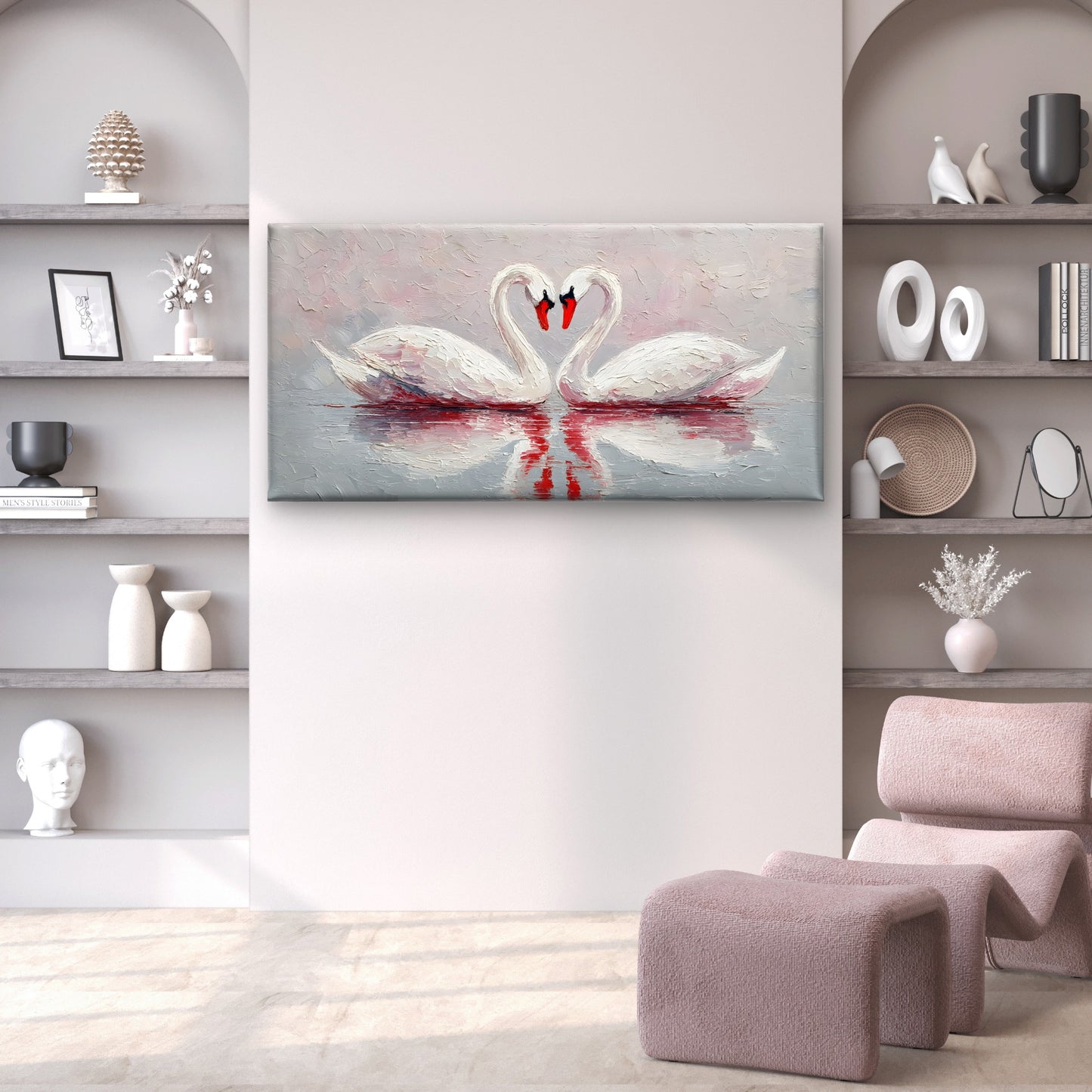 White Swans Heart Love Couple Wall Art Canvas Office Home Room Framed 120x60cm