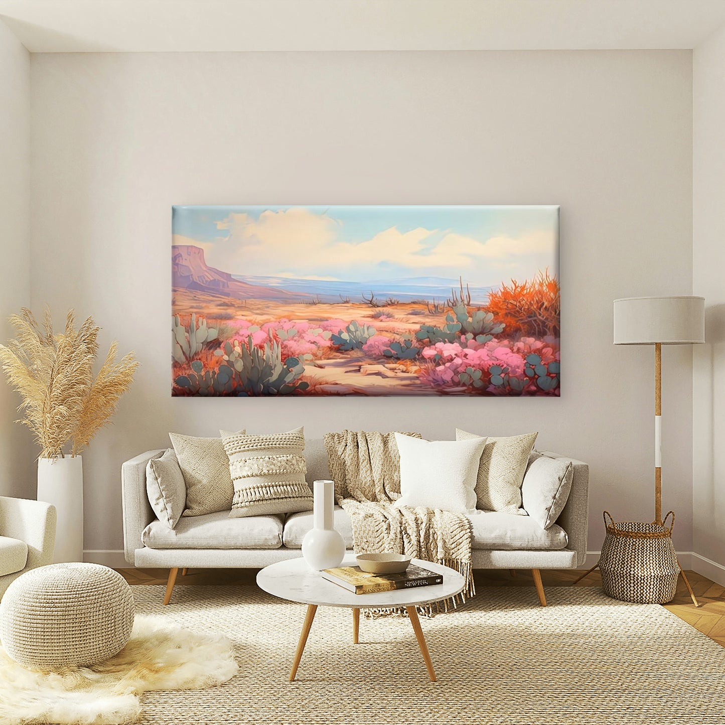 Desert Cactus & Pink Blooms Wall Art Canvas Office Home Room Framed 120x60cm - Bella Home Decor