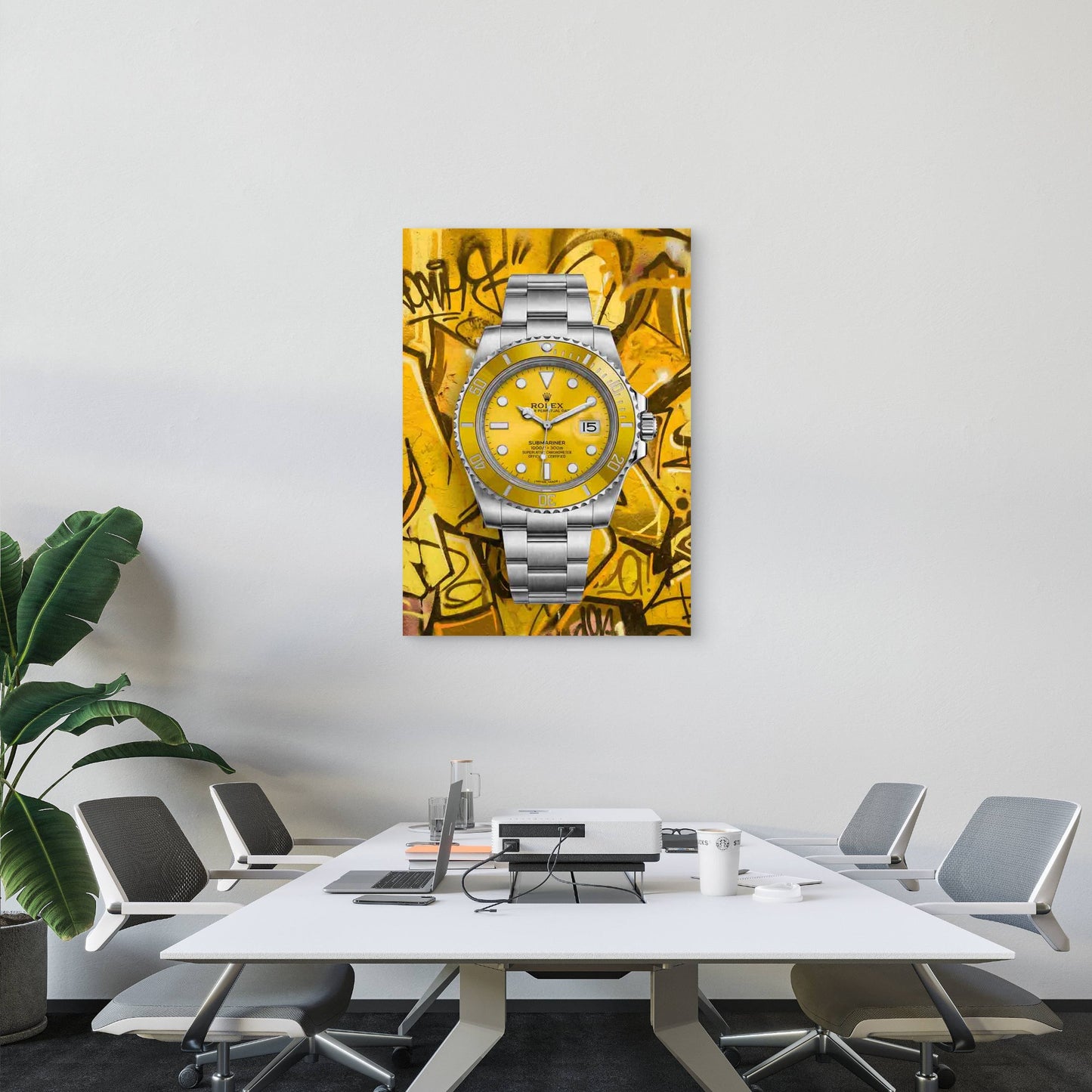 Yellow Luxury Watch Graffiti 40x60cm Metal Print Ready to Hang