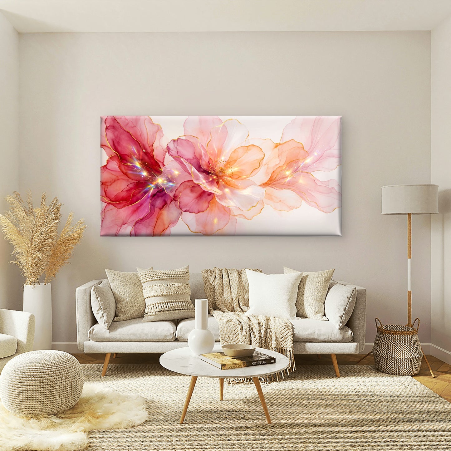 Abstract Pink Floral Watercolor Gold Sparkles Peach Wall Art Canvas Office Home Room Framed 120x60cm