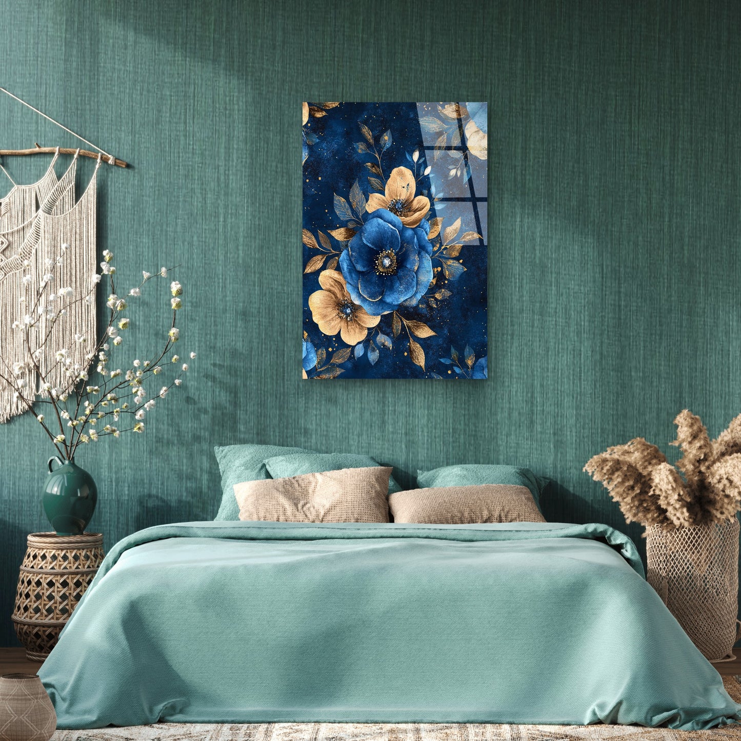 Navy Royal Blue Gold Flowers Acrylic Glass Printing Wall Art Australian Made Quality