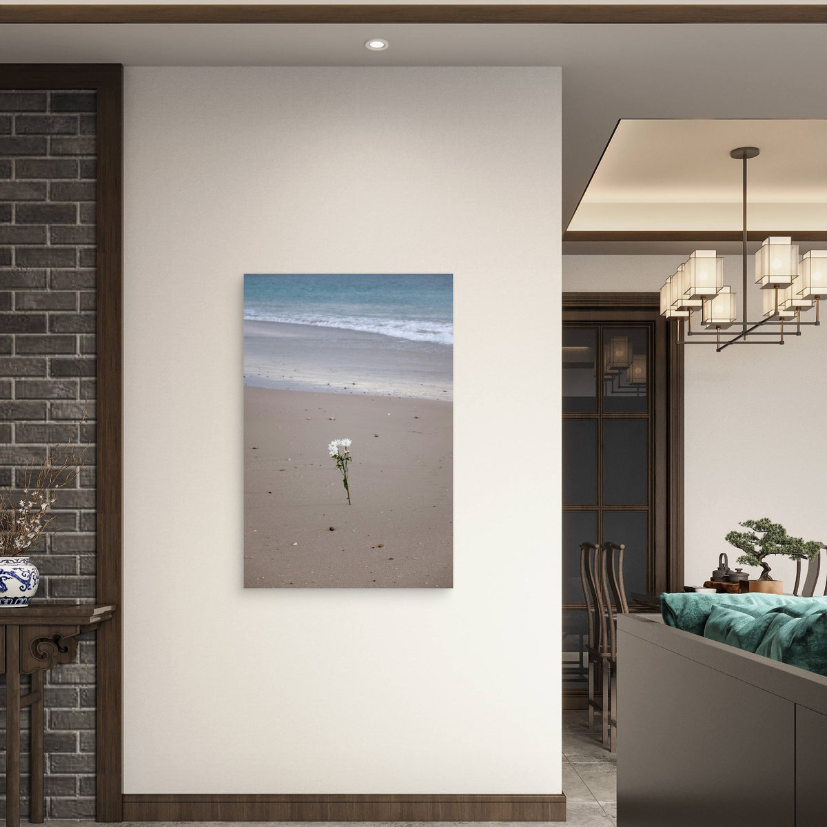 White Flowers Growing in Sand by the Ocean 60x90cm Metal Print Ready to Hang