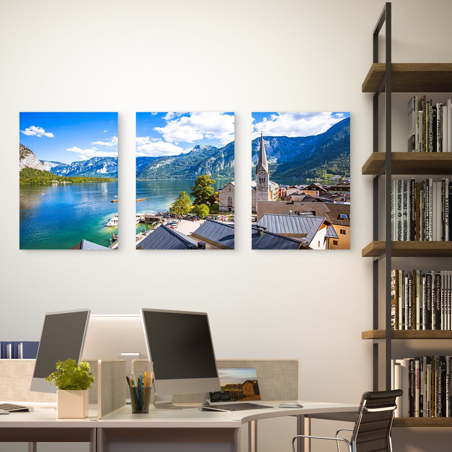 3pcs European Lakeside Alpine Village Church Metal Print Ready to Hang Art