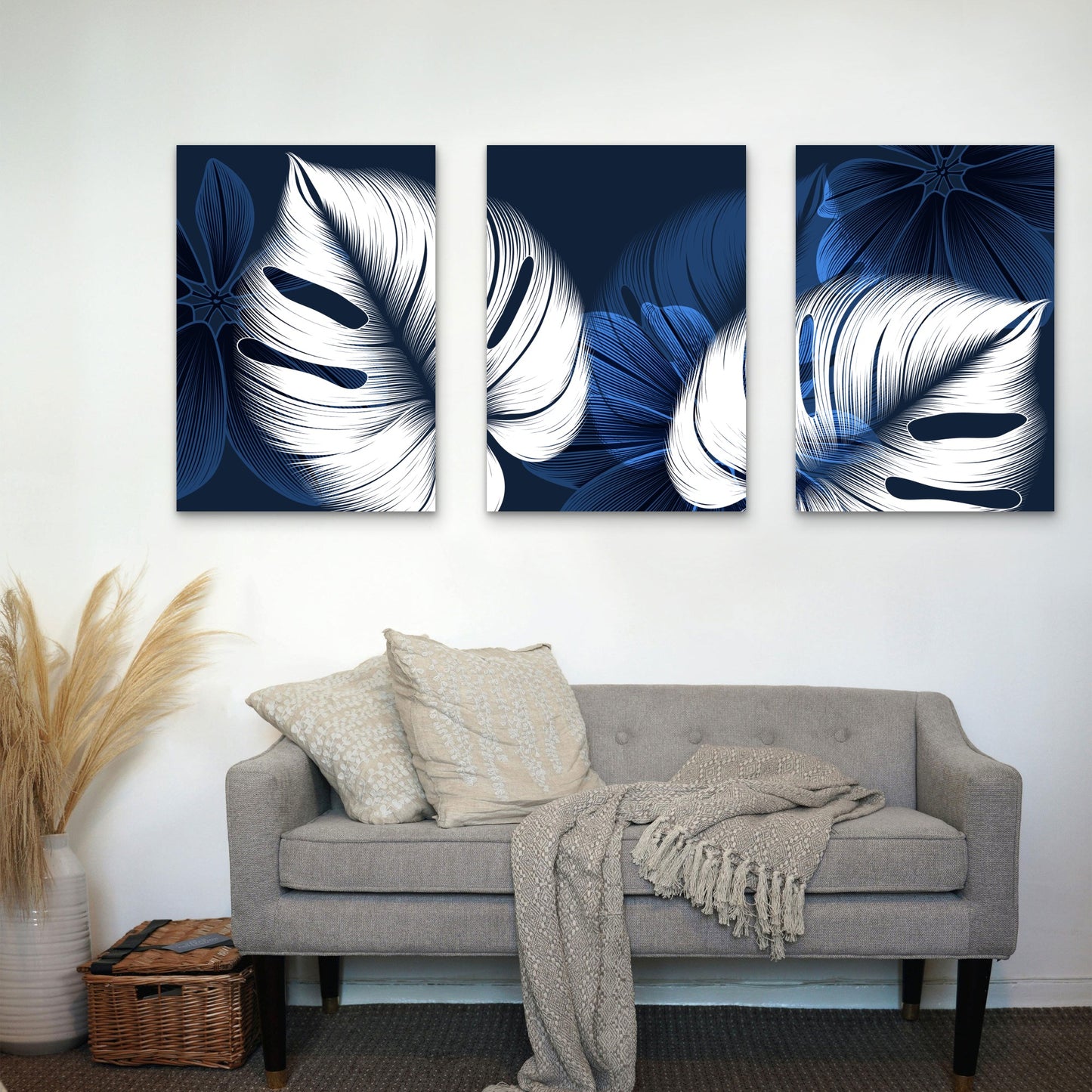 3pcs Monstera Palm Leaf Blue White Botanical Wall Art Set Canvas Framed 50x70cm - High Quality Print 100% Australian Made Wall Canvas Ready to Hang