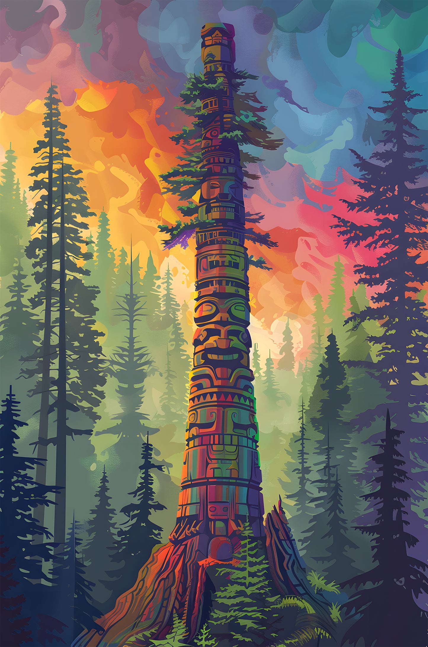 Colorful Forest Totem Pole Alaska 40x60cm Metal Print Ready to Hang