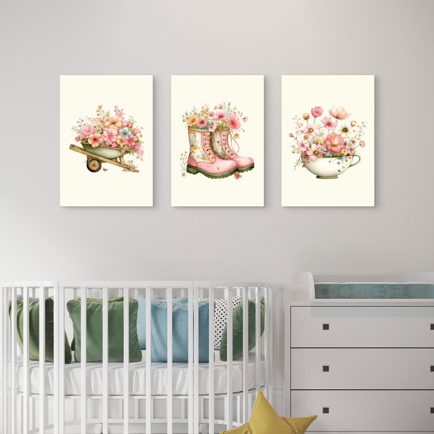 3pcs Cottage Garden Boots Wheelbarrow Flowers Wall Art Set Canvas Framed 40x60cm - High Quality Print 100% Australian Made Wall Canvas Ready to Hang