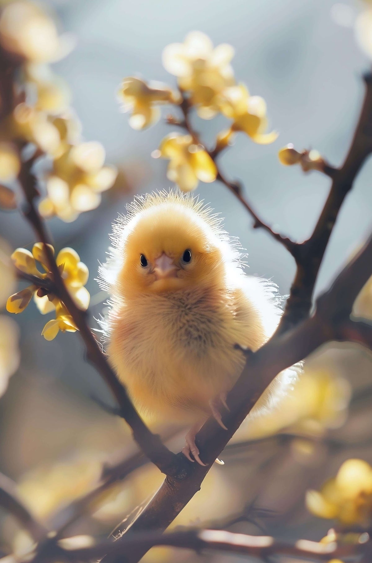 Adorable Yellow Chick Perched Tree Branch 40x60cm Metal Print Ready to Hang
