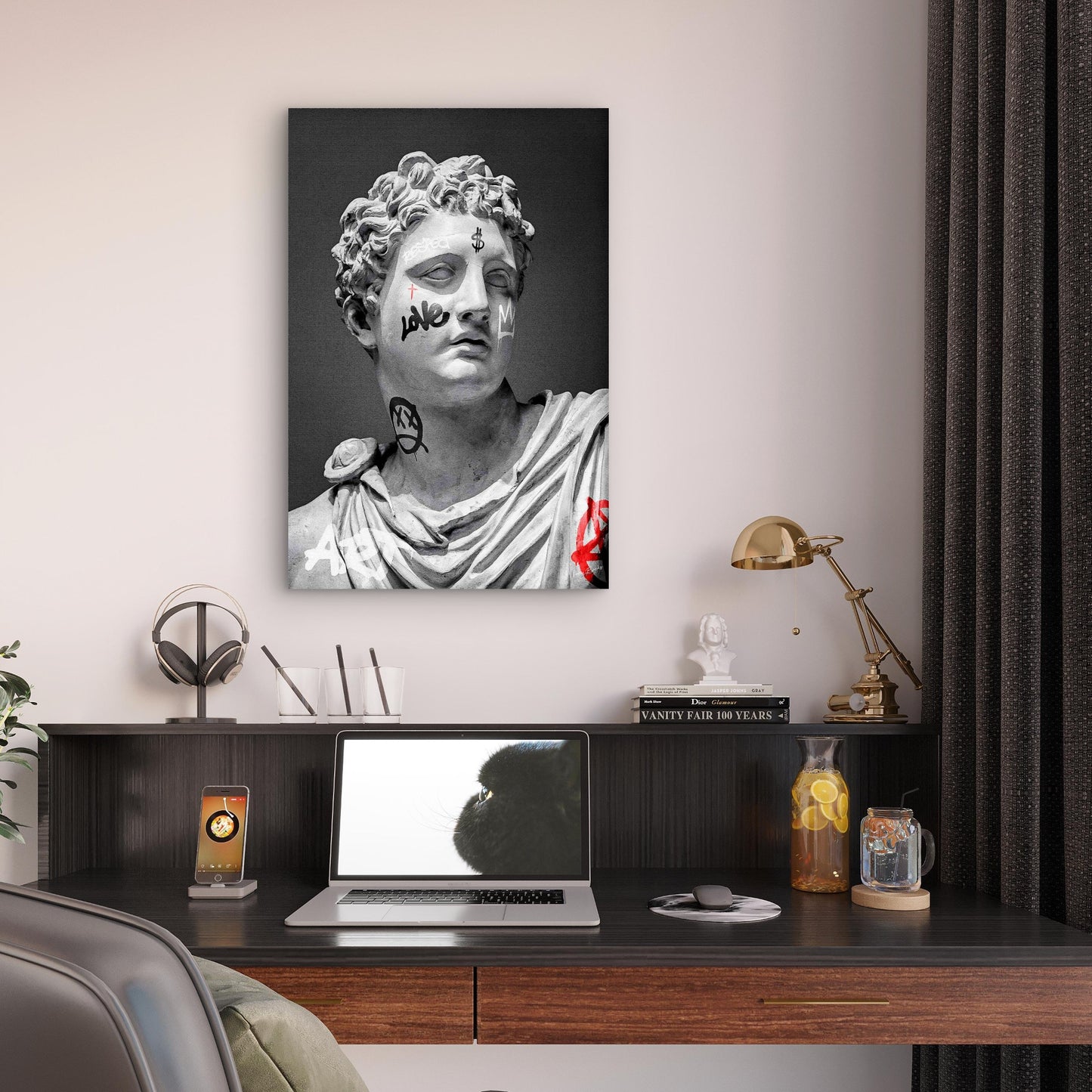 Greek Statue Graffiti Tattoos Monochrome 40x60cm Metal Print Ready to Hang