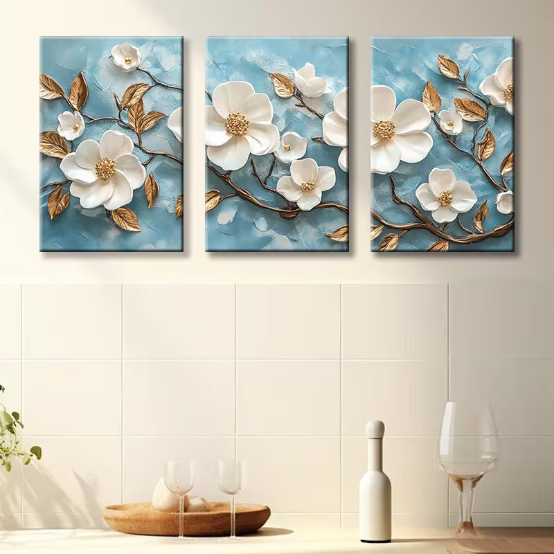 3pcs Beautiful White Florals and Golden Leaves Wall Art Set Canvas Framed 40x60cm - High Quality Print 100% Australian Made Wall Canvas Ready to Hang - Bella Home Decor