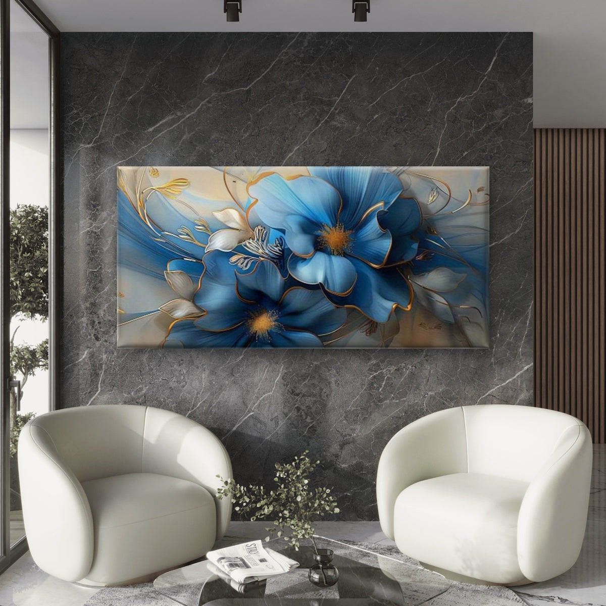 Blue Flowers With Gold Accents Wall Art Canvas Office Home Room Framed 120x60cm