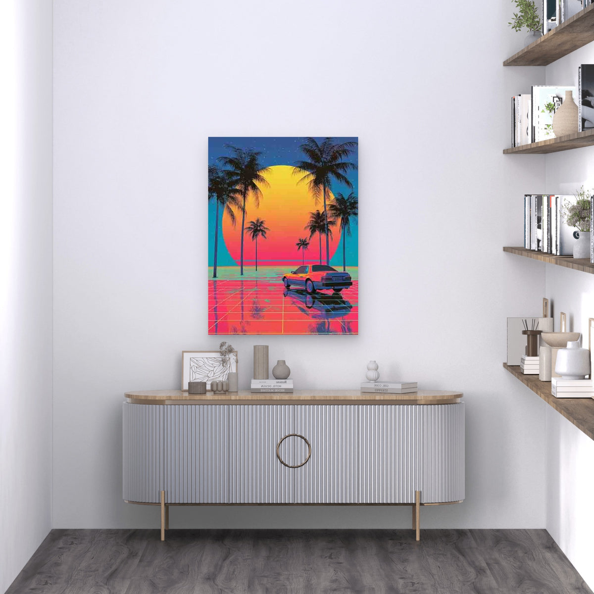 Retro Palm Trees & Classic Car Metal Print Ready to Hang