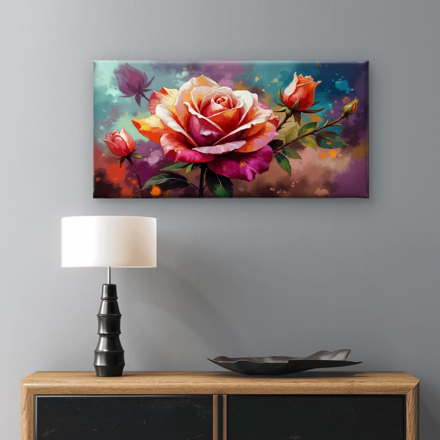 Vibrant Rose Blooms With Buds Wall Art Canvas Office Home Room Framed 120x60cm