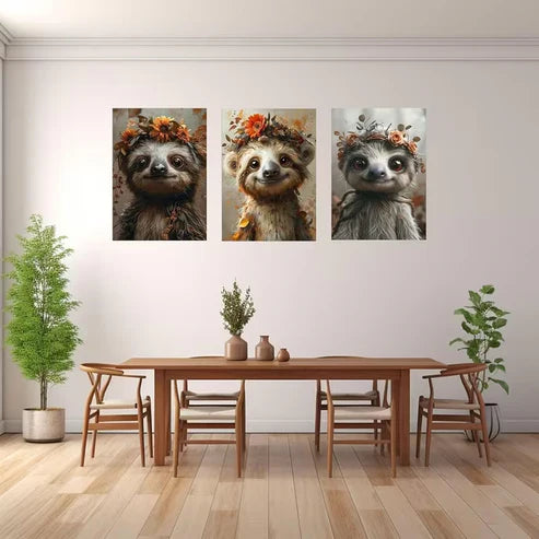 3pcs Cute Autumn Sloth Flower Crown Wall Art Set Canvas Framed 50x70cm - High Quality Print 100% Australian Made Wall Canvas Ready to Hang - Bella Home Decor
