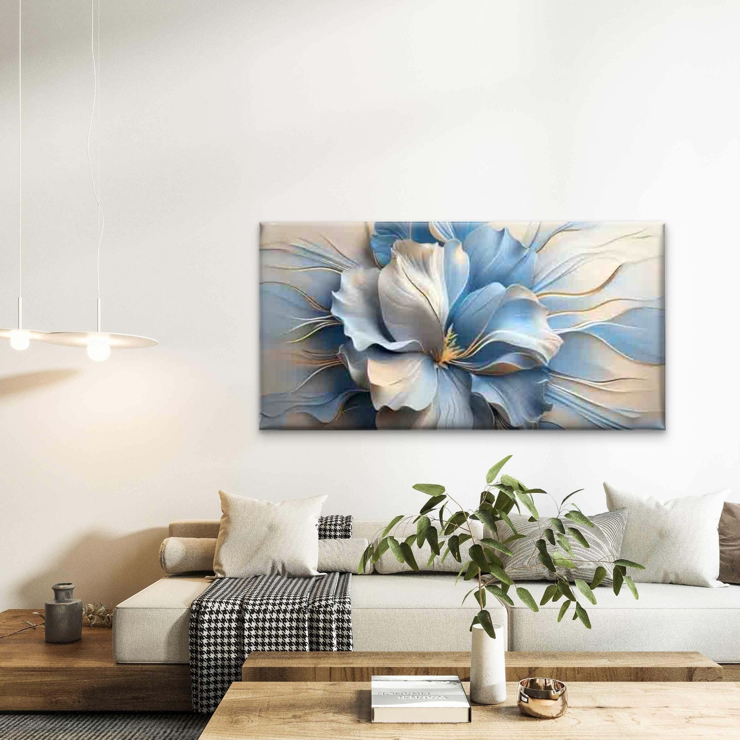 Blue And White Floral Design Wall Art Canvas Office Home Room Framed 120x60cm - Bella Home Decor