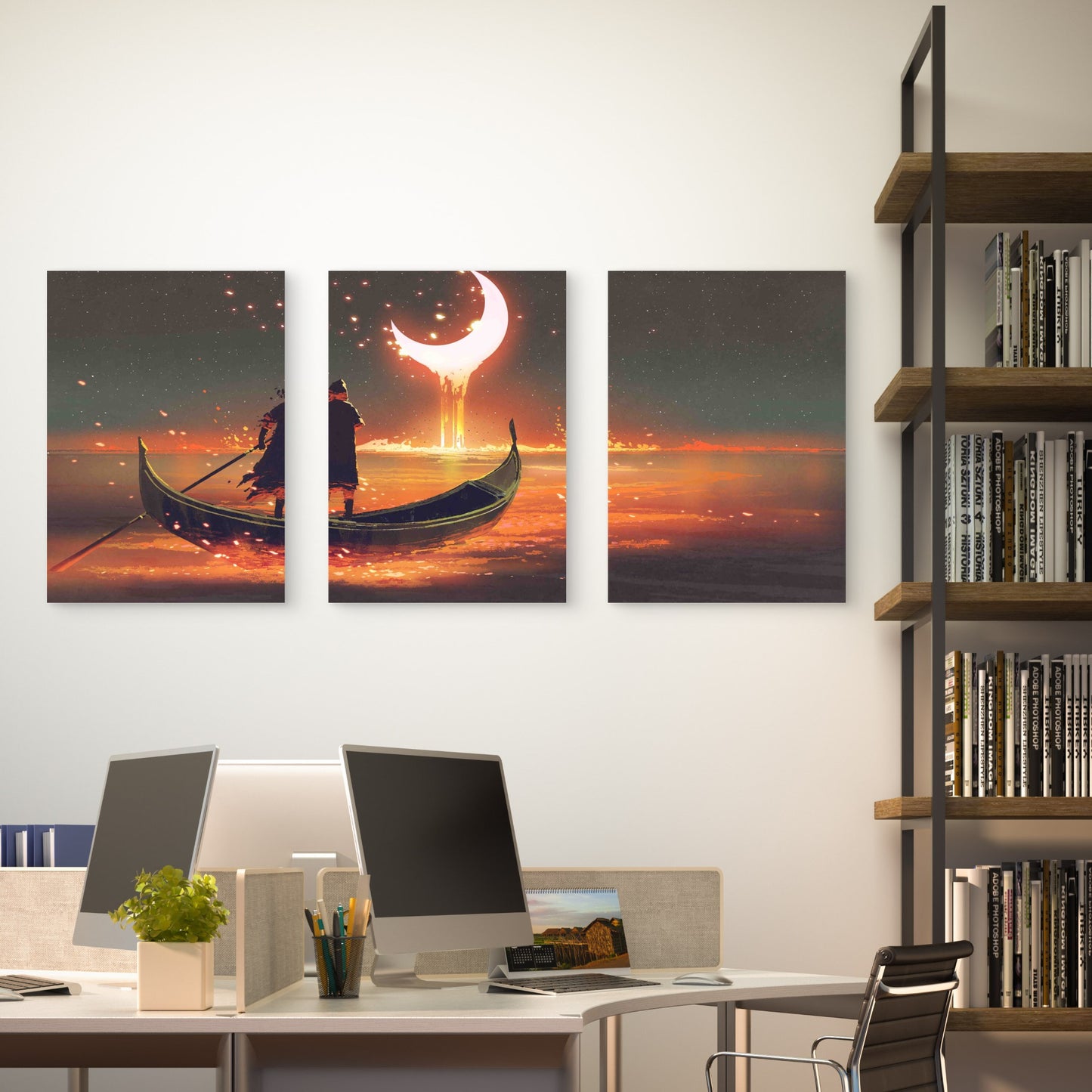 3pcs Surreal Melting Crescent Moon Boat Wanderer Metal Print Ready to Hang Art
