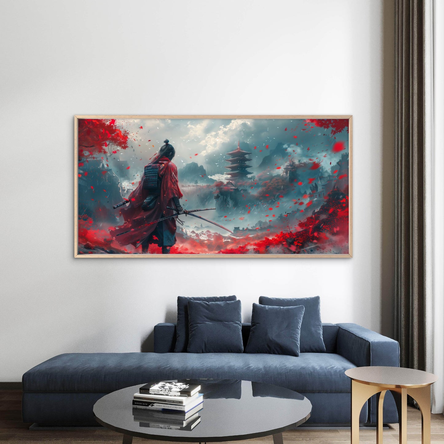 Red samurai Landscape Wall Art Canvas Office Home Room Framed 120x60cm