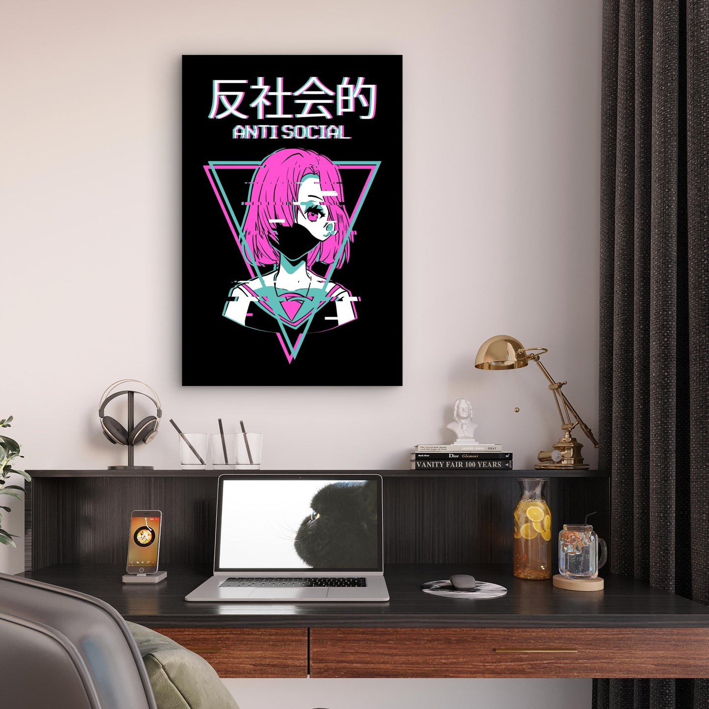 Neon Magenta & Teal Vaporwave Glitch Girl 40x60cm Metal Print Ready to Hang