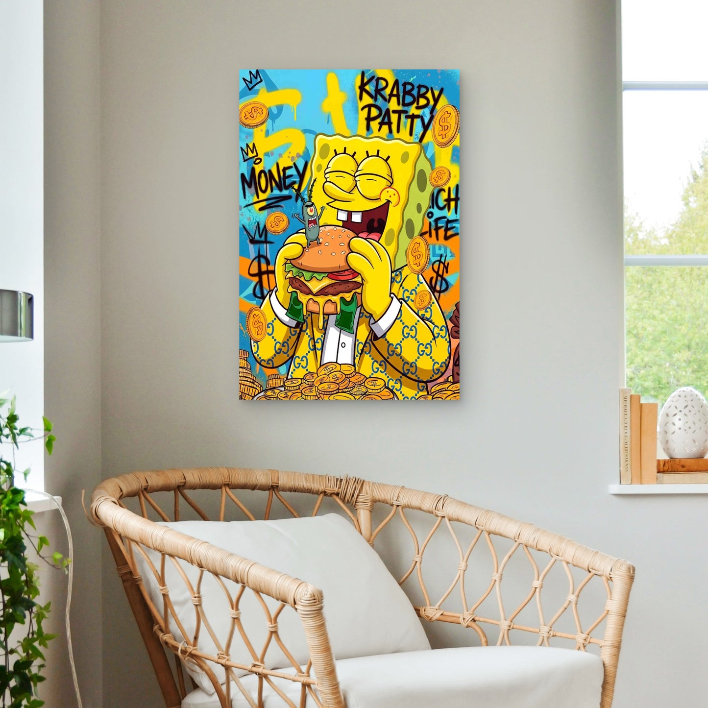 Street Art Yellow Sponge Burger Designer Suit 40x60cm Metal Print Ready to Hang