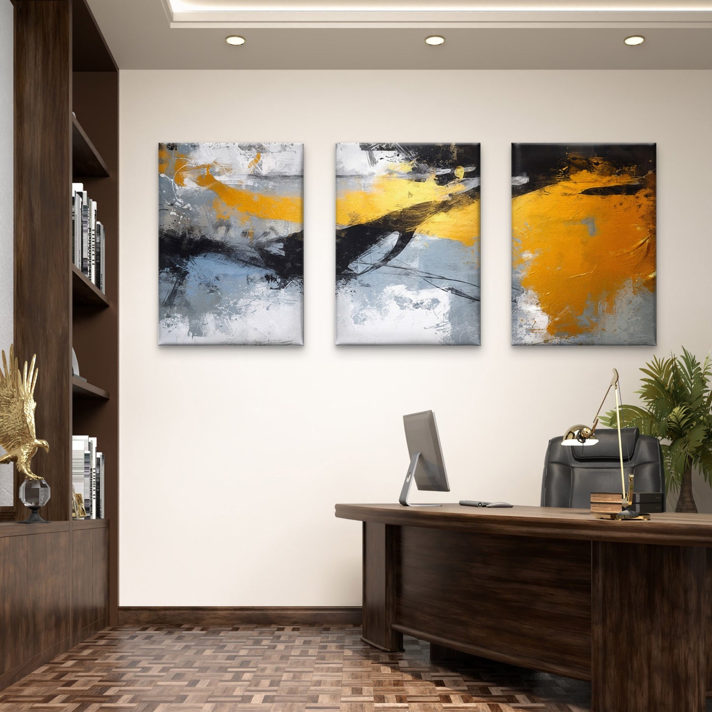 3pcs Modern Gold Yellow Grey Abstract Wall Art Set Canvas Framed 60x90cm - High Quality Print 100% Australian Made Wall Canvas Ready to Hang