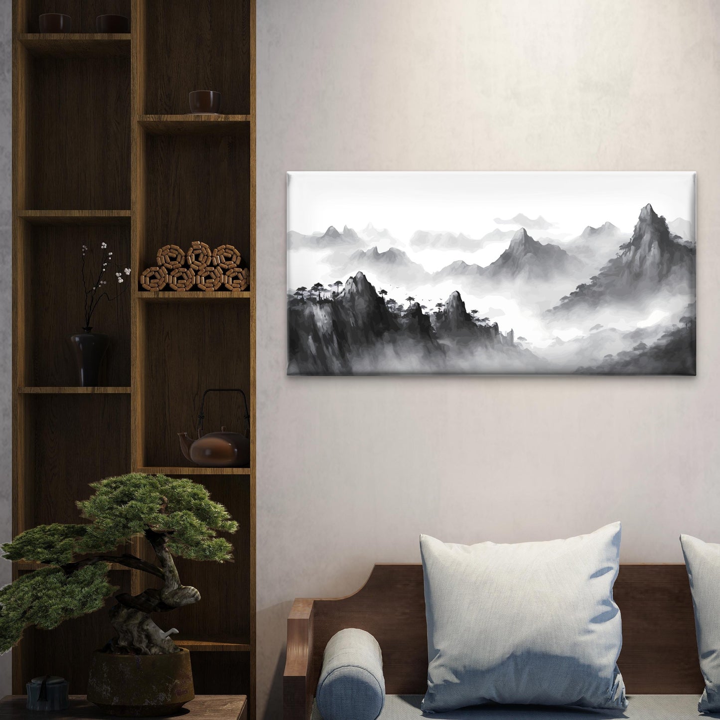 Chinese Mountain Mist Shan Shui Wall Art Canvas Office Home Room Framed 120x60cm