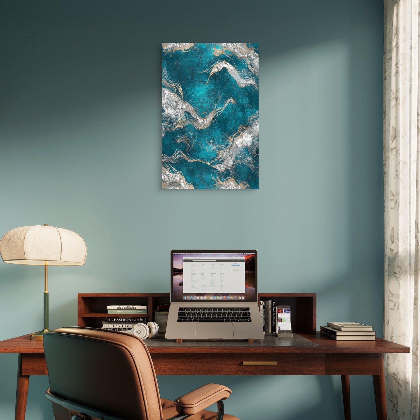 Teal Turquoise Gold Blue Liquid Marble 40x60cm Metal Print Ready to Hang