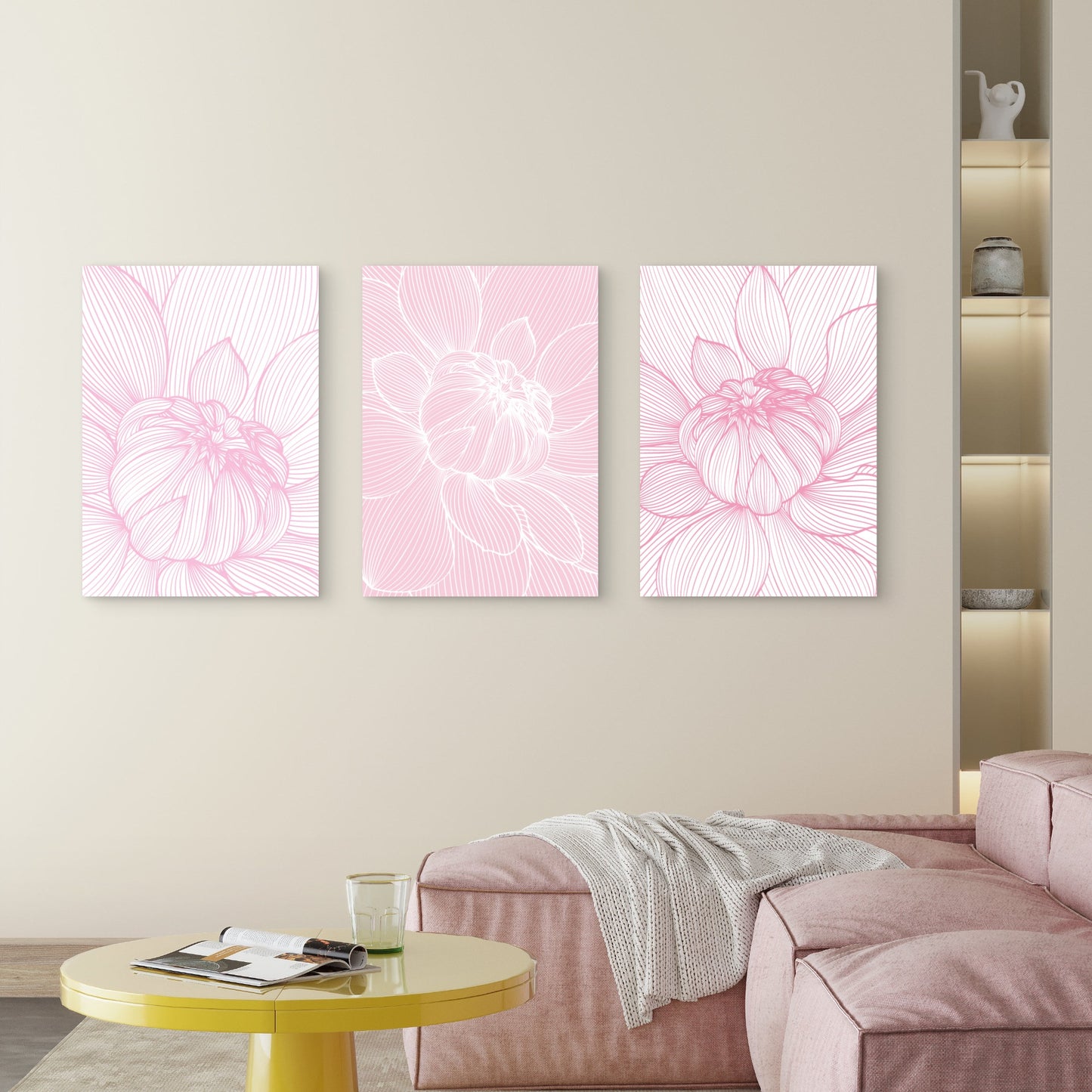 3pcs Blush Pink Dahlia Lotus Flower Sketch Line Wall Art Set Canvas Framed 50x70cm - High Quality Print 100% Australian Made Wall Canvas Ready to Hang