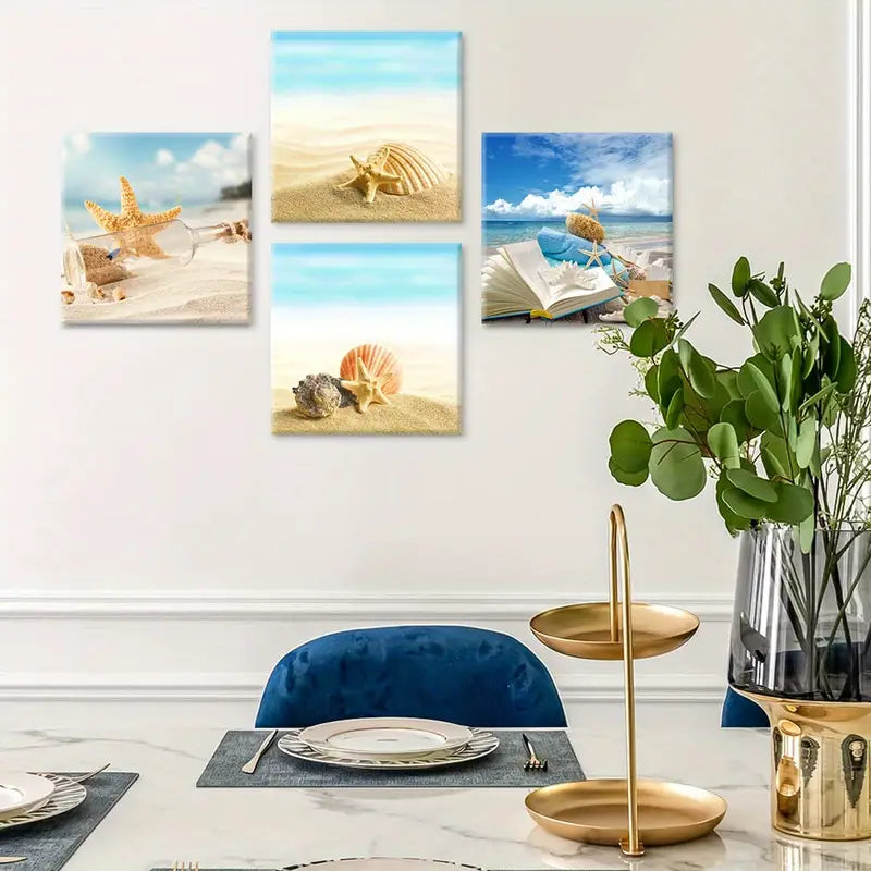 4pcs Beach Themed Starfish & Seashell Wall Art Canvas Framed