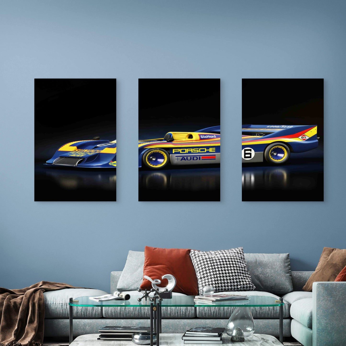 3pcs Classic Blue Yellow Can-Am Prototype Race Car Metal Print Ready to Hang Art