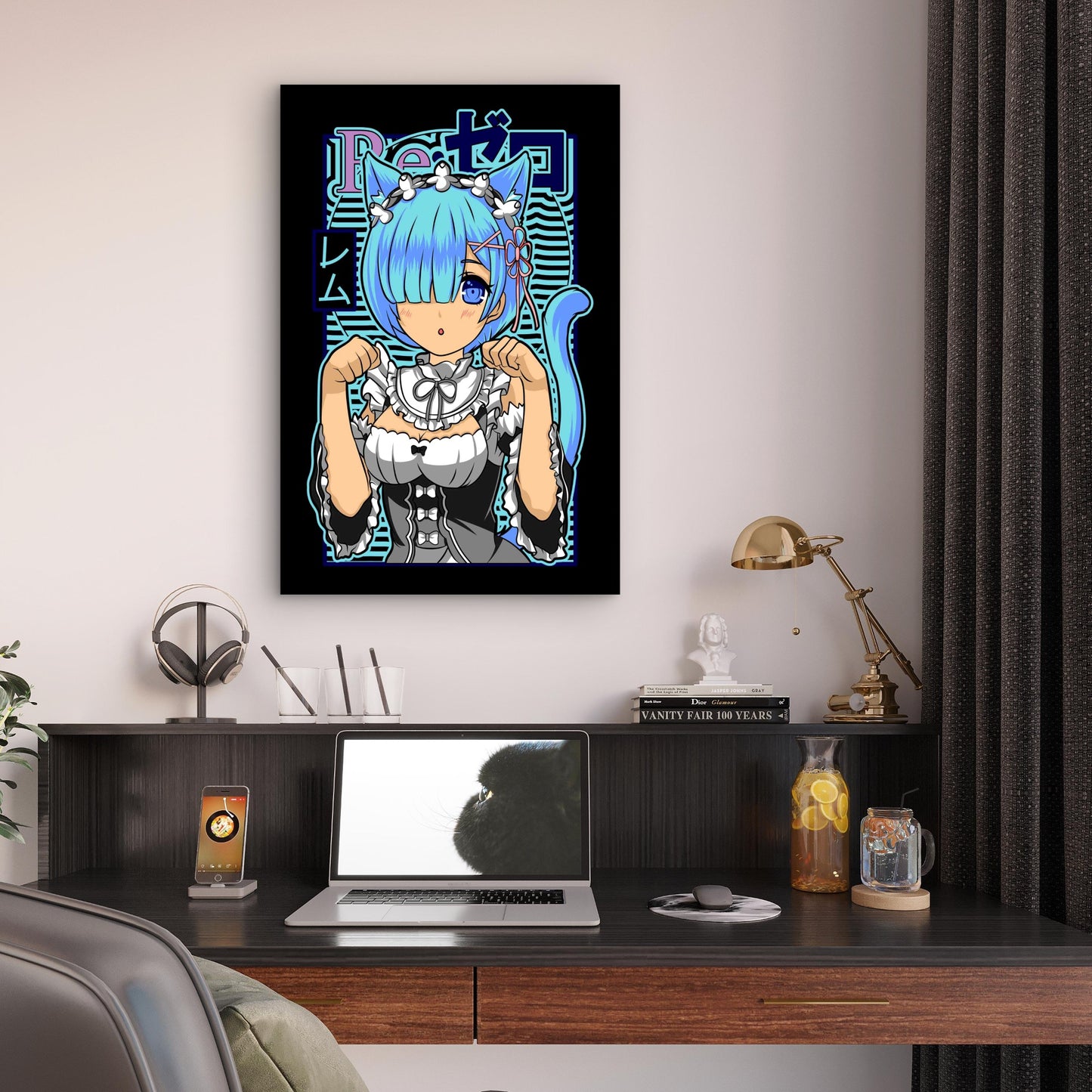 Electric Cyan & Indigo Kawaii Neko Maid Glitch 40x60cm Metal Print Ready to Hang