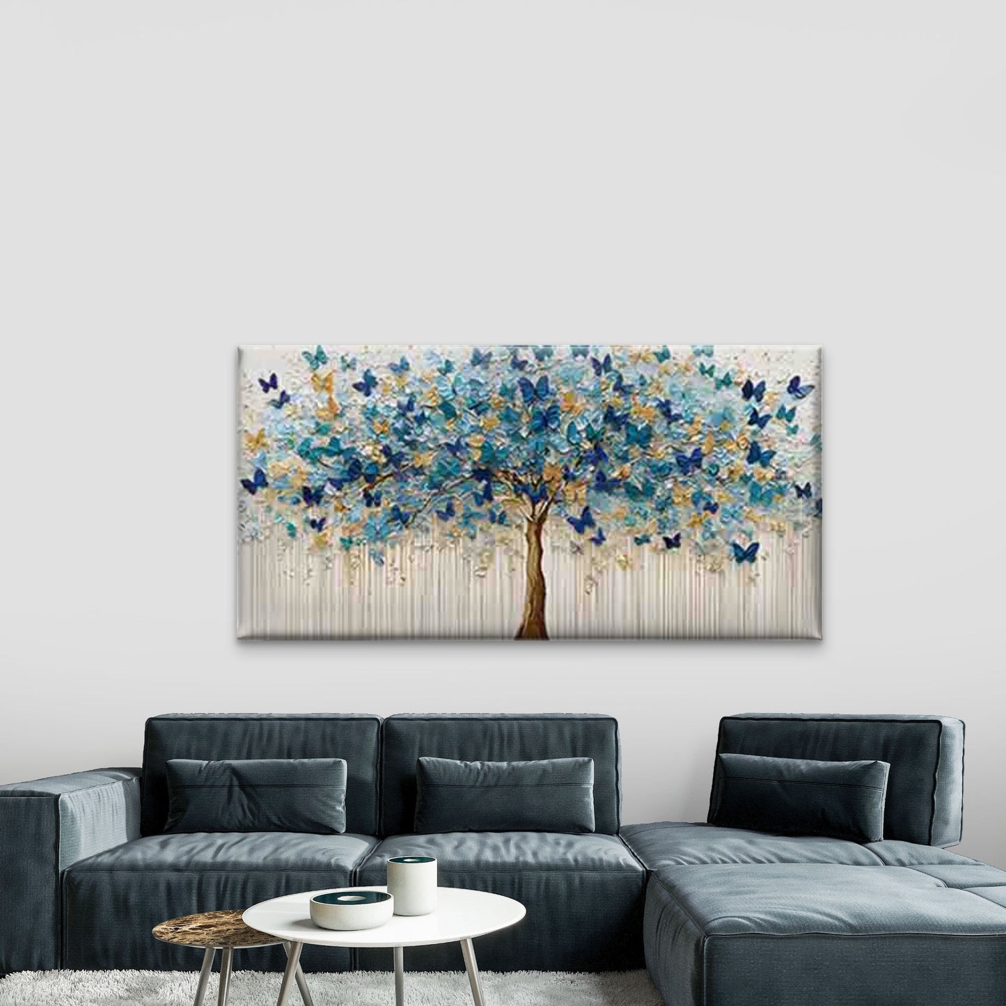 Golden Tree with Blue & Golden Wall Art Canvas Office Home Room Framed 120x60cm - Bella Home Decor