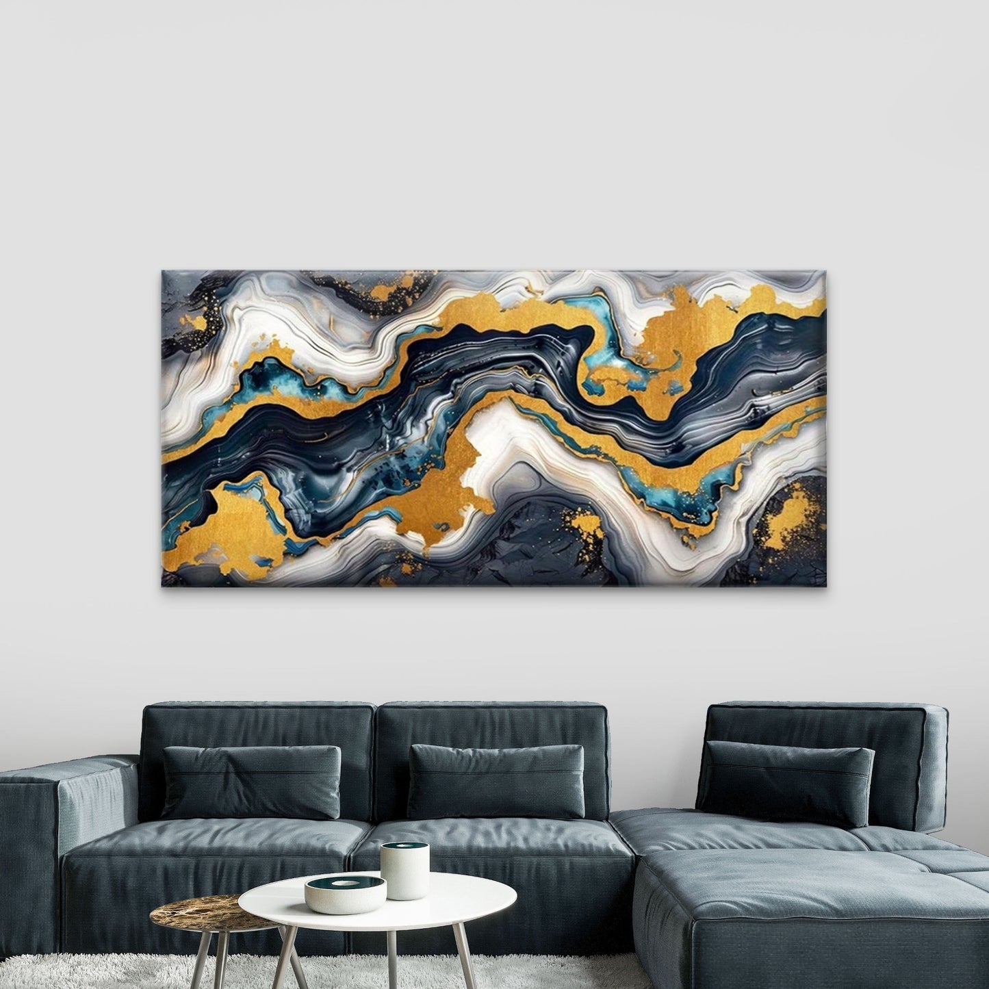 Blue, Green, Golden Abstract Wall Art Canvas Office Home Room Framed 120x60cm