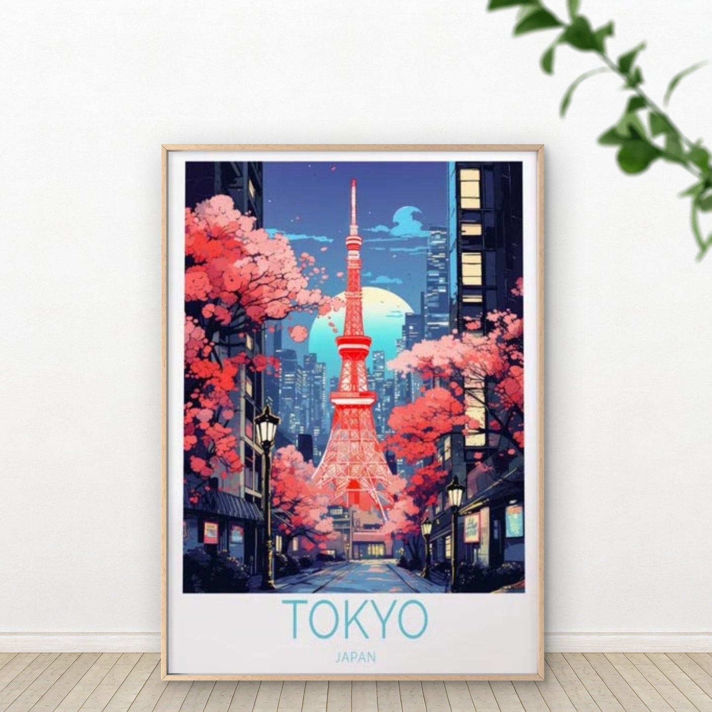 Tokyo Japan, Sakura Trees Night Painting Travel Poster Print Wall Art