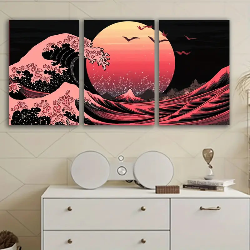 3pcs Great Waves Of The Cascade Wall Art Set Canvas Framed 60x90cm - High Quality Print 100% Australian Made Wall Canvas Ready to Hang